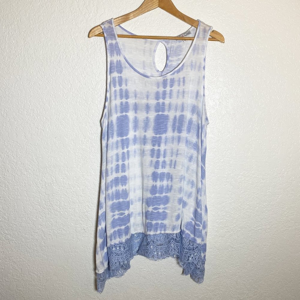All at Once - White & Pastel Blue Tie Dye Tank with Lace Hem 100% Rayon Size 2X